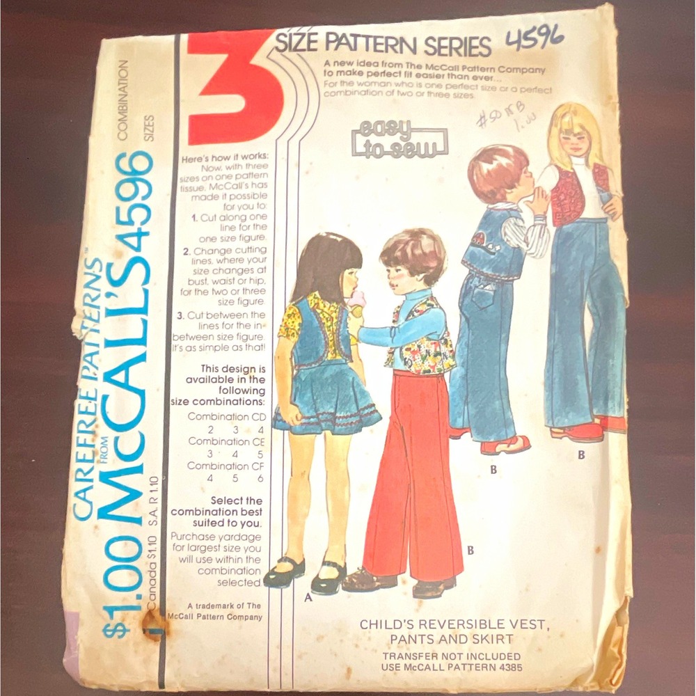 McCall's‎ 4596 Vintage Child Reversible Vest Pants Skirt Sewing Pattern Size 3